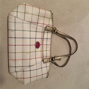 Coach Peyton Tattersall Plaid Canvas Tote Bag with Gold Accents